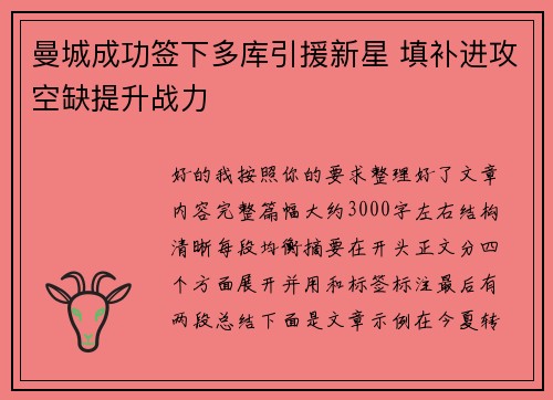 曼城成功签下多库引援新星 填补进攻空缺提升战力